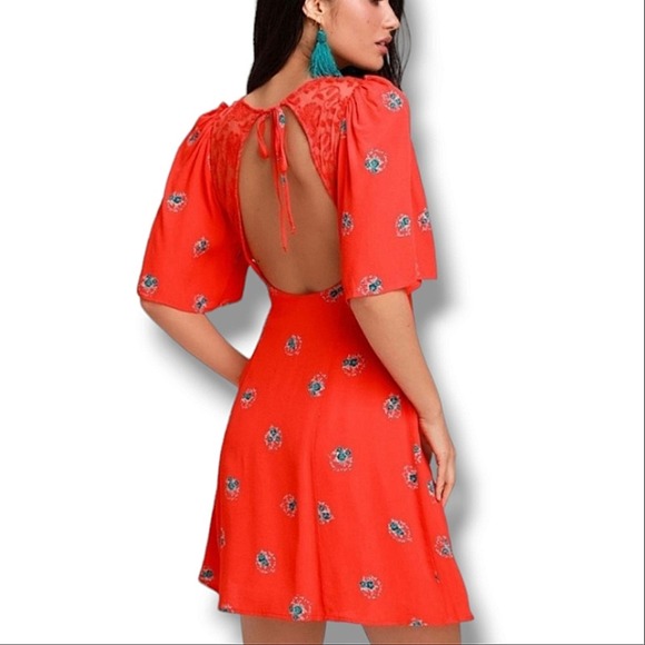 Free People Mockingbird Orange Red Floral Puff Sleeve Mini Dress Size 2 - Picture 2 of 6